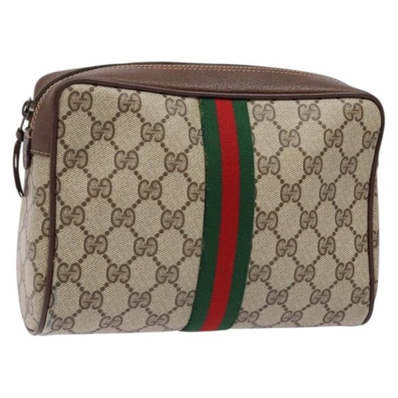 GUCCI GG Supreme Web Sherry Line Clutch Bag PVC Beige Auth - Picture 1 of 16